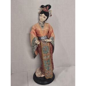 80’s Asian Influence Cloth Doll Stand Jewels Hand Painted Tapestry